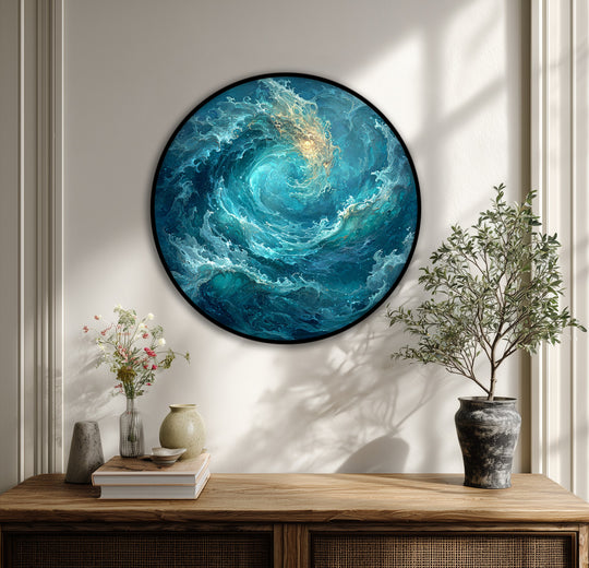 Deep, swirling layers bring dimensional energy to this round canvas art prints piece, where abstract waves create a captivating sense of depth.