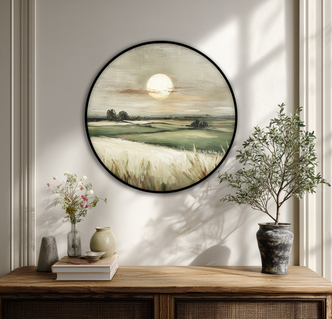 Golden Horizon Countryside Landscape Round Canvas Print – Serene Field Wall Art