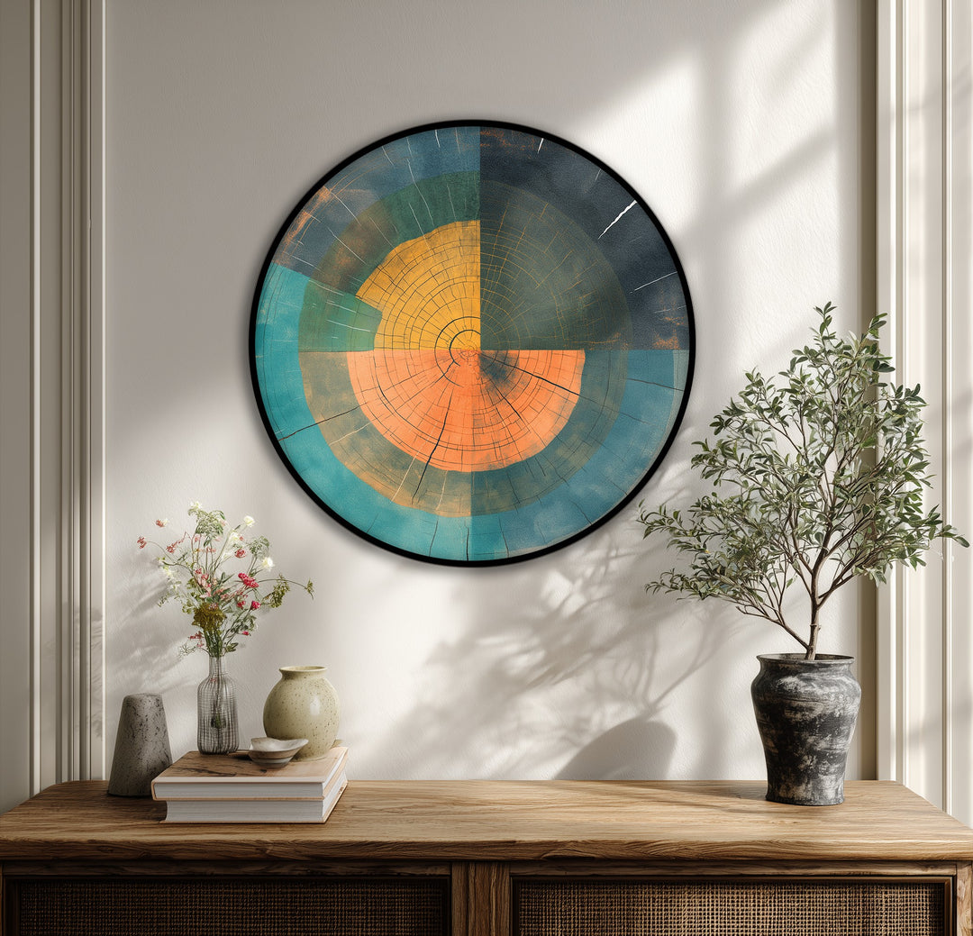 The realistic detail captures the geometric design of the abstract wood ring round canvas wall art, a stunning example of contemporary canvas wall art and rustic charm.