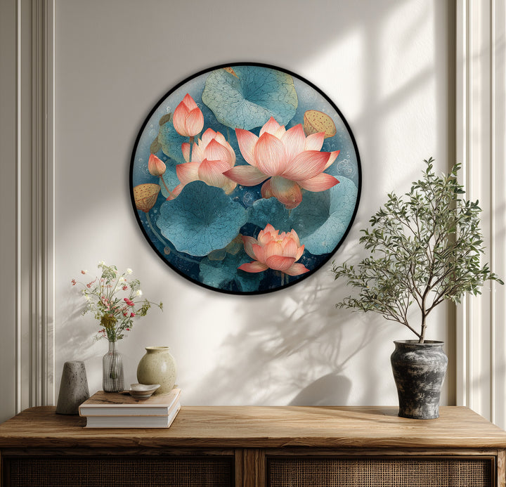 Ethereal light gently caresses the serene lotus bloom and lily pads in this round canvas art prints, casting a soft glow on the tranquil nature wall art.