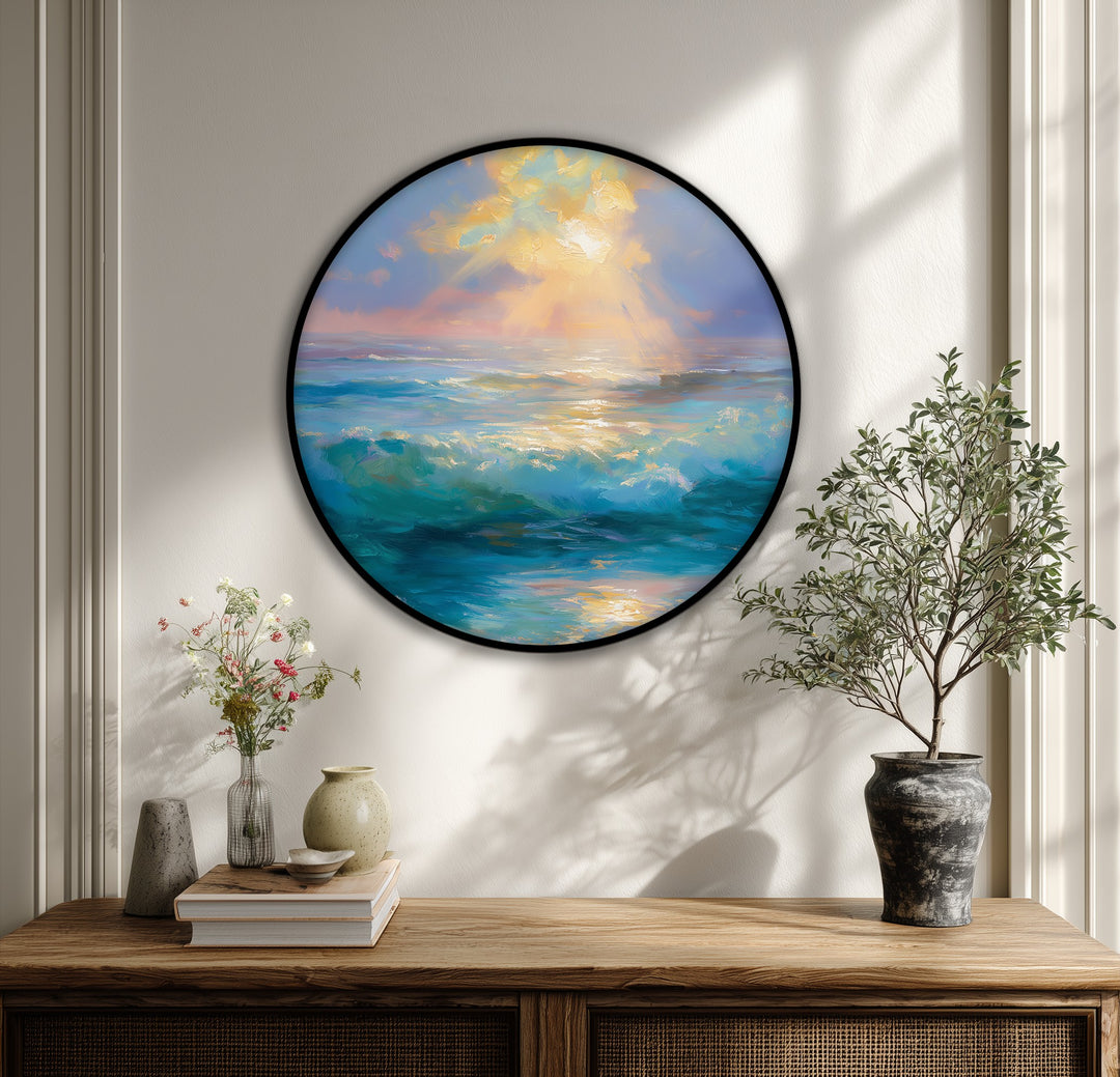 Golden Light Over Turquoise Waves Round Canvas Print – Serene Ocean Sunrise Wall Art