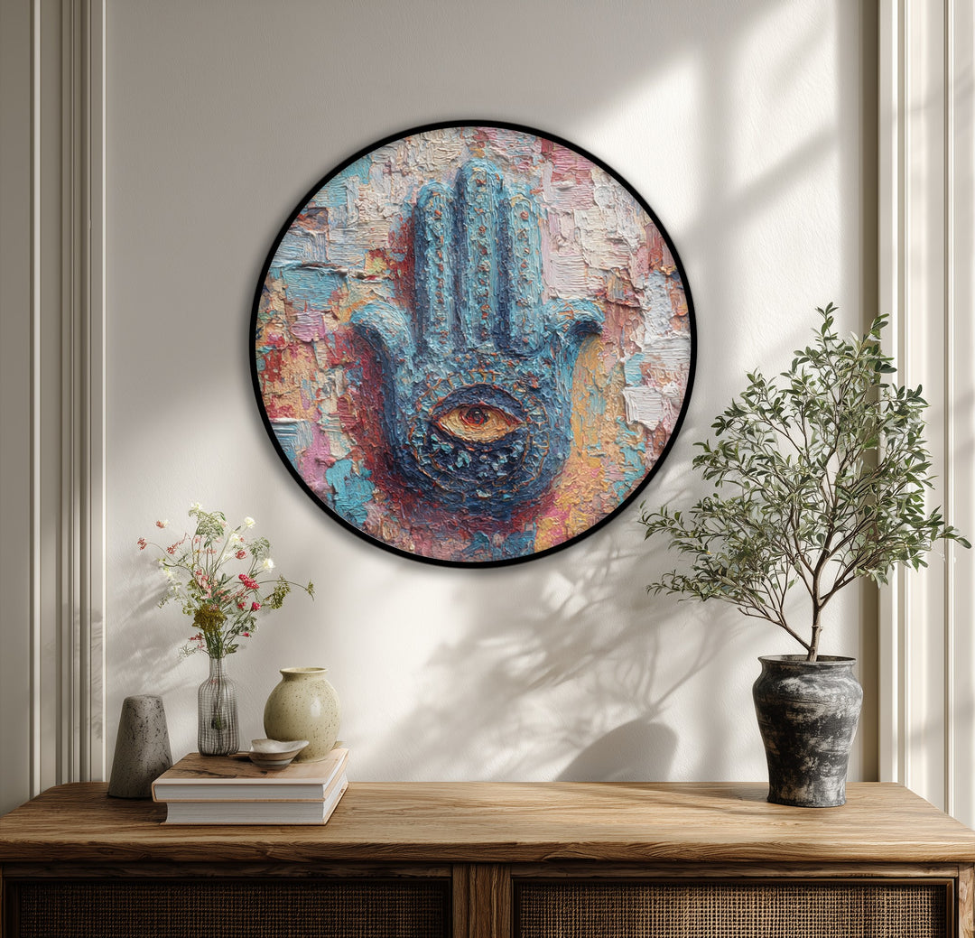 Mystic Hand of Protection Round Canvas Print – Colorful Spiritual Eye Wall Art