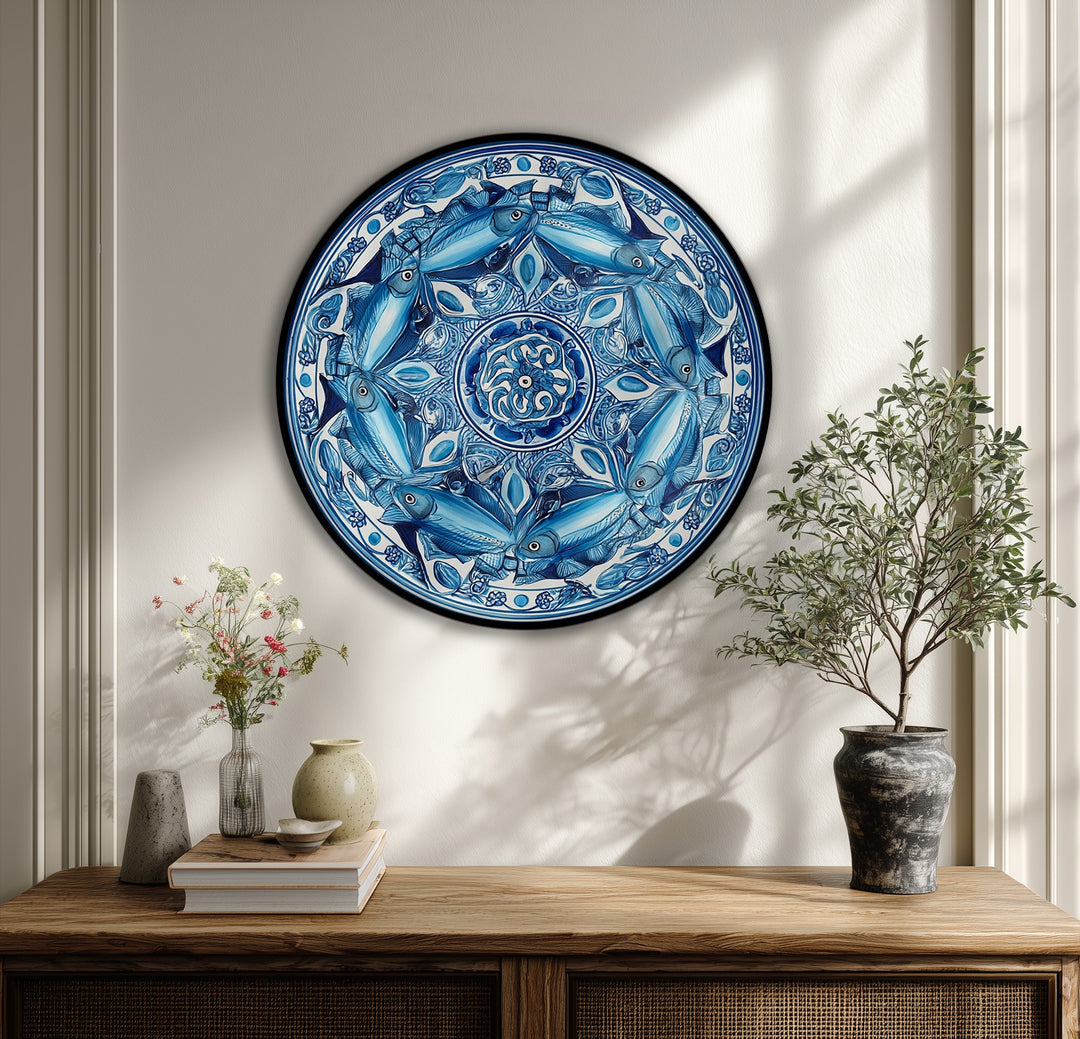 Blue Fish Mandala Round Canvas Print – Coastal Decorative Wall Art