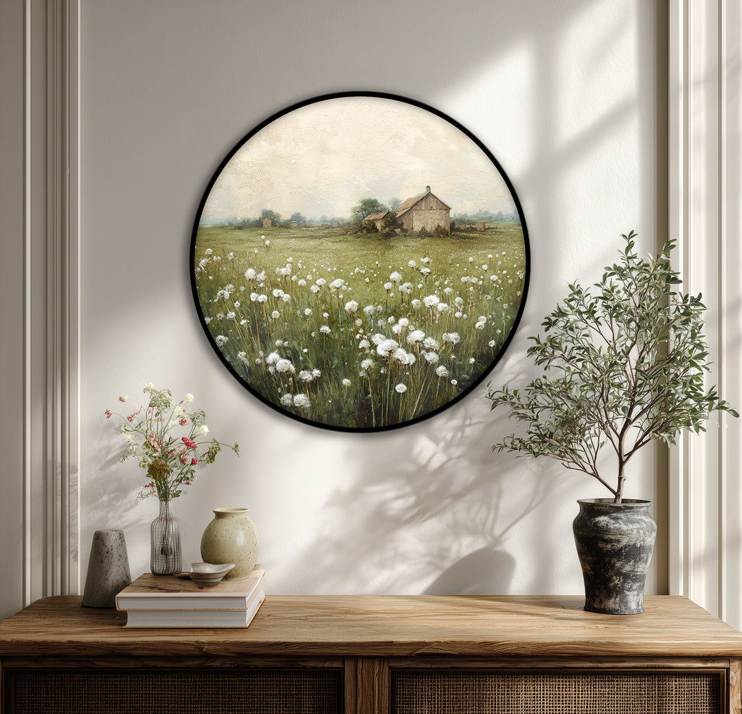 Circular nature landscape wall art features a rustic barn on canvas, with a unique canvas print emphasizing the round geometric form.