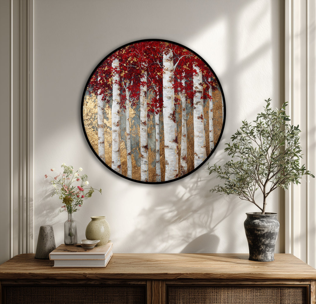 Red and gold birch forest pops as the loudest element in this round hanging canvas print, showcasing vibrant, nature-inspired wall art.