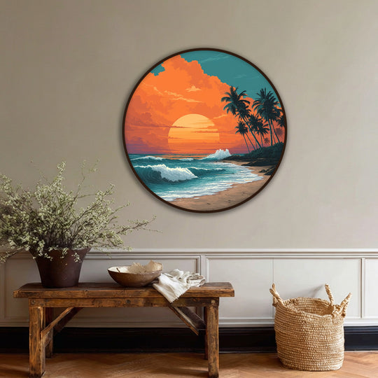A vibrant tropical sunset in this round canvas artwork, dominates the scene with its vivid colors and calming depiction of a beach.