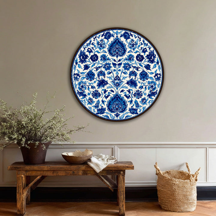 Crafted with premium canvas, this blue floral mandala round canvas print showcases high-quality hanging canvas and meticulous detailing for a classic decorative wall art piece.