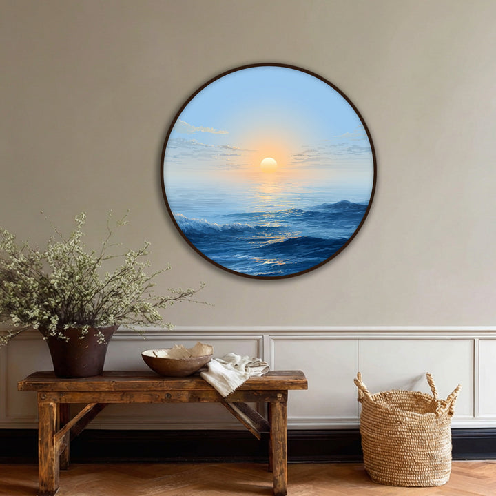 Horizontal round canvas art print showcases a minimalist ocean sunrise, offering calm blue seascape canvas art in a circular orientation.