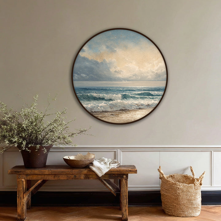 Brightest area highlights the cloudy sky in this serene coastal scene depicted on a framed canvas featuring crashing waves and sandy shores, perfect as seascape wall art.