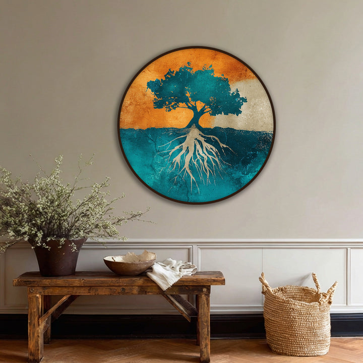 Visual rhythm in the rooted tree silhouette round canvas print is achieved through alternating colors and textures, creating one of the best canvas prints available.