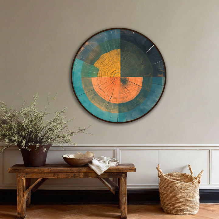 Showcasing the layering effect, this abstract wood ring geometry round canvas print creates a modern rustic wall art look with a visually appealing hanging canvas.
