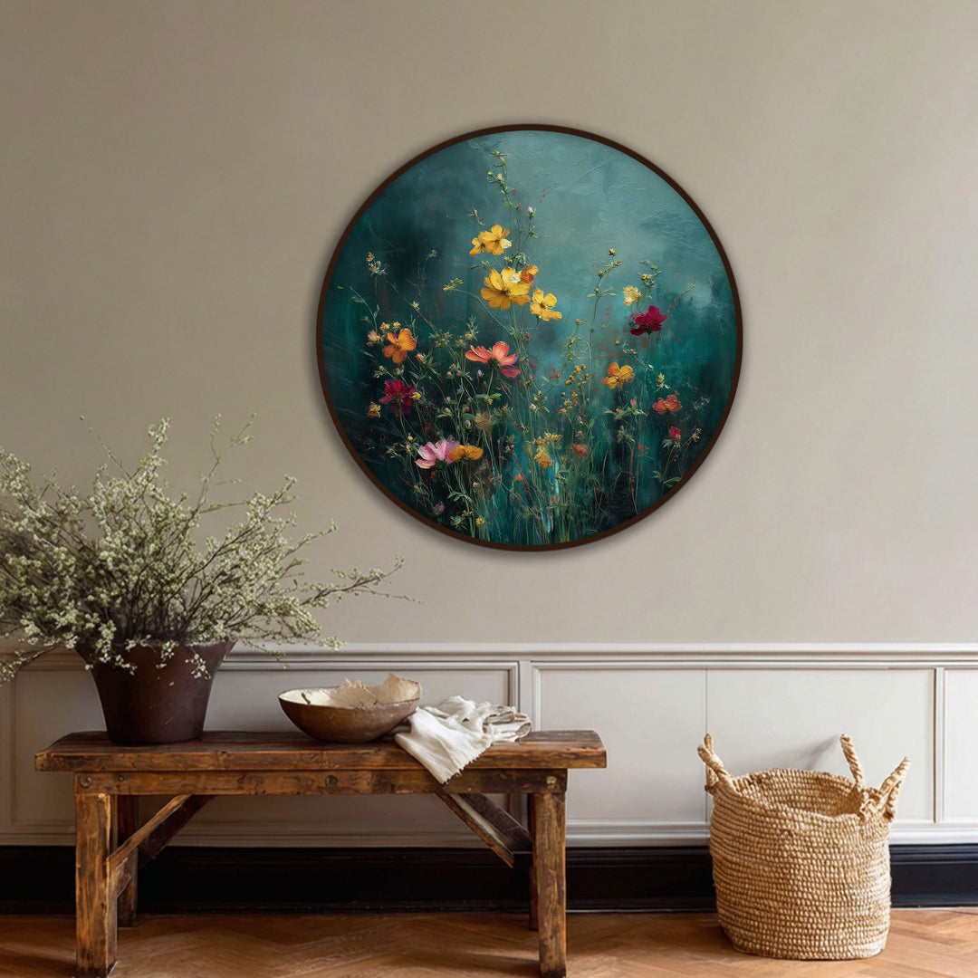 Subtle surface texture highlights the brushstrokes within this Wild Meadow Bloom canvas artwork, adding depth to the colorful floral details of the round canvas print.