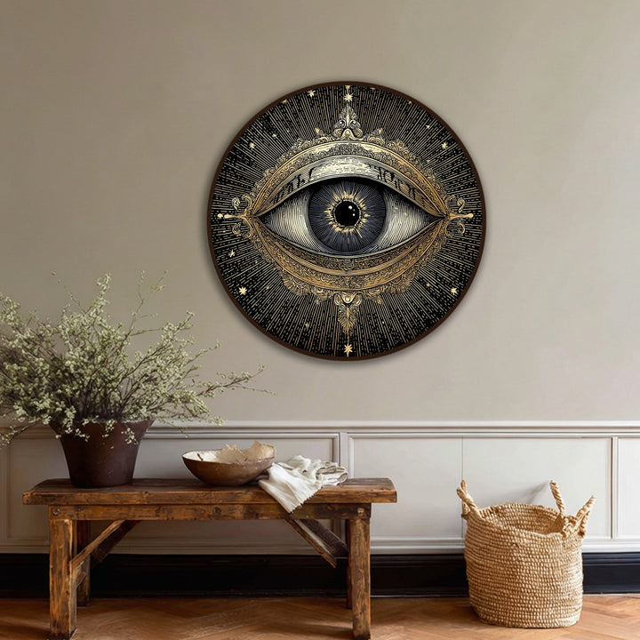 Warm color temperature highlights the golden tones in this round canvas wall art print featuring a mystic eye and vintage celestial design, perfect as canvas wall art.