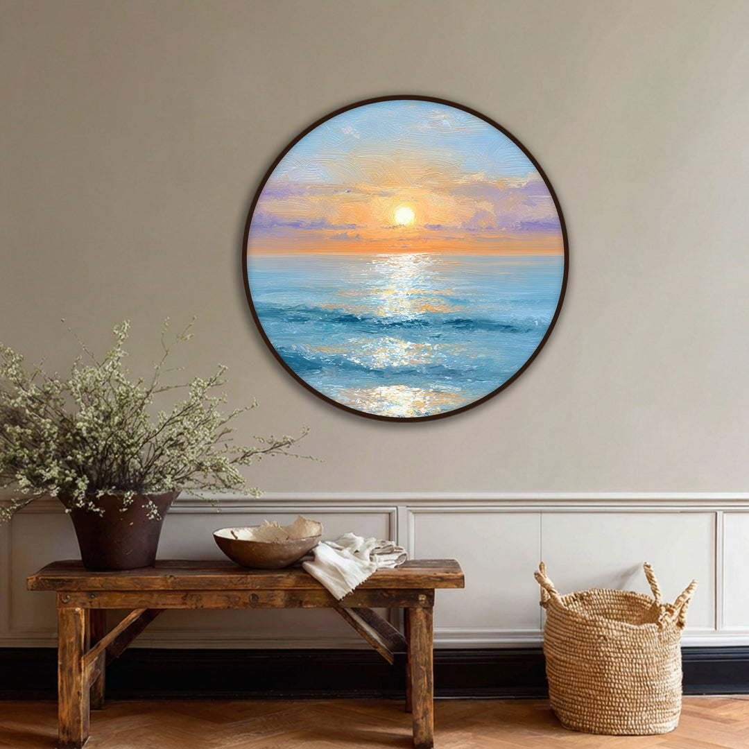 Witness the ethereal transition between golden yellows of the sunrise and tranquil blues of the ocean in this high quality canvas prints of a serene coastal art piece.