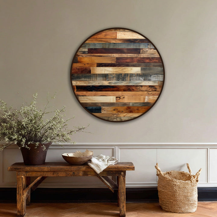 Dominant with its neutral browns, this round rustic wood panel texture canvas painting shows a natural wooden wall art print.
