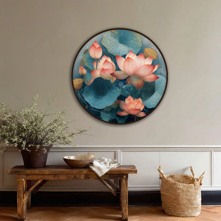 Stillness emanates from the serene lotus bloom and lily pads in this round canvas wall decor, a tranquil scene for peaceful reflection.