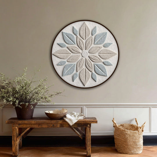 Beige and white dominate this round canvas print showcasing a neutral leaf mandala, creating a unique canvas print with minimal botanical art.