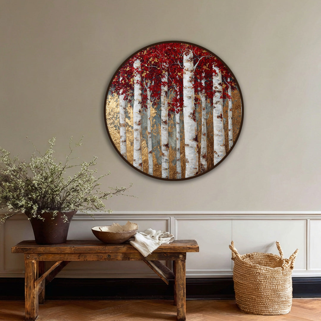 Serene hanging canvas depicts a golden birch forest with red leaves, radiating a peaceful and natural mood through its round design and elegant wall art.