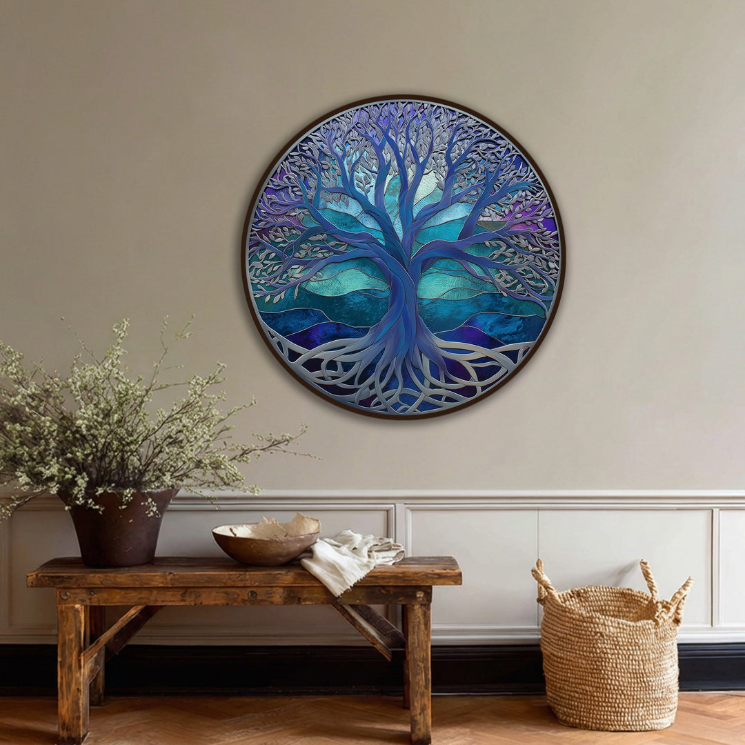 Focal point of the mystic blue Tree of Life round canvas painting is captured in this abstract nature wall art print.