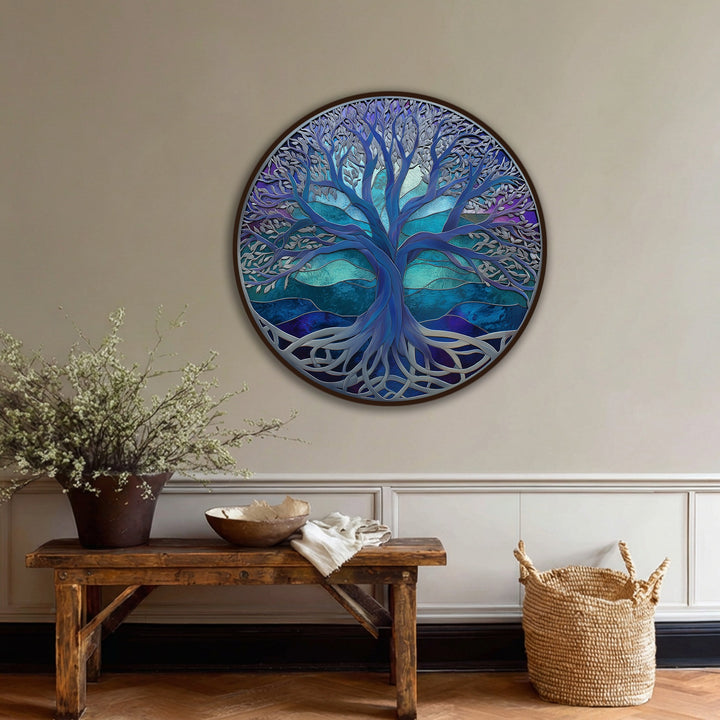 Focal point of the mystic blue Tree of Life round canvas painting is captured in this abstract nature wall art print.