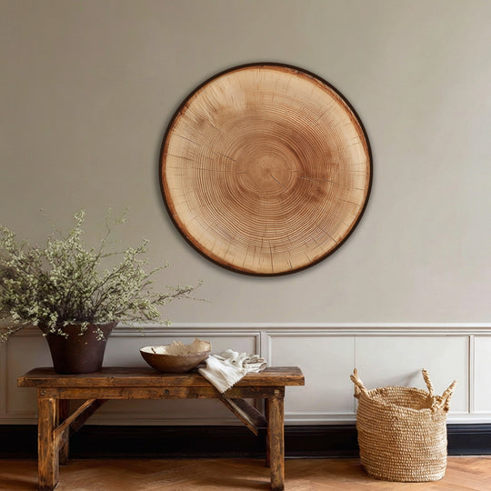 Serene mood conveyed by the rustic tree trunk wall art, a natural wood ring round canvas painting bringing an organic touch to the room's decor.