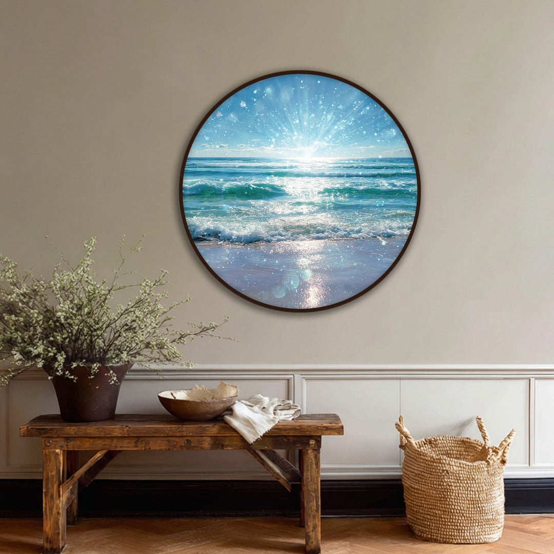 Glistening, the radiant ocean light burst round canvas print exhibits a superb finish, making this framed canvas a perfect sparkling seaside wall art addition.