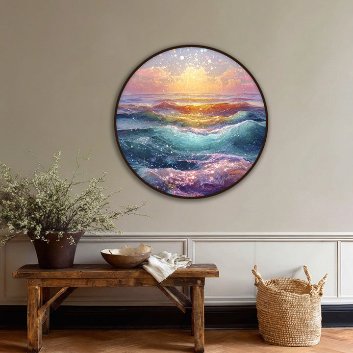 Radiant golden sunset on the unique canvas print of dream waves is the loudest element in this captivating ocean wall art.