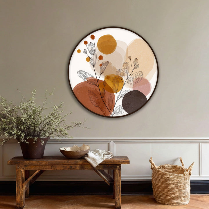 Showcasing the abstract quality, this round canvas art prints features earthy shapes and botanical line art in a modern, minimal design.