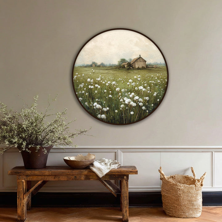 Highlighting the realistic detail, the rustic barn round canvas print showcases a serene nature landscape, complete with a framed canvas finish that accentuates the meadow scenery.