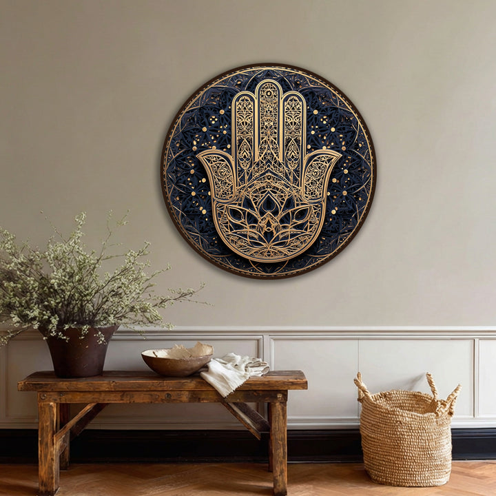 Transitioning between navy and gold hues, this ornate Hamsa hand round canvas wall decor showcases spiritual wall art with intricate golden mandala details.