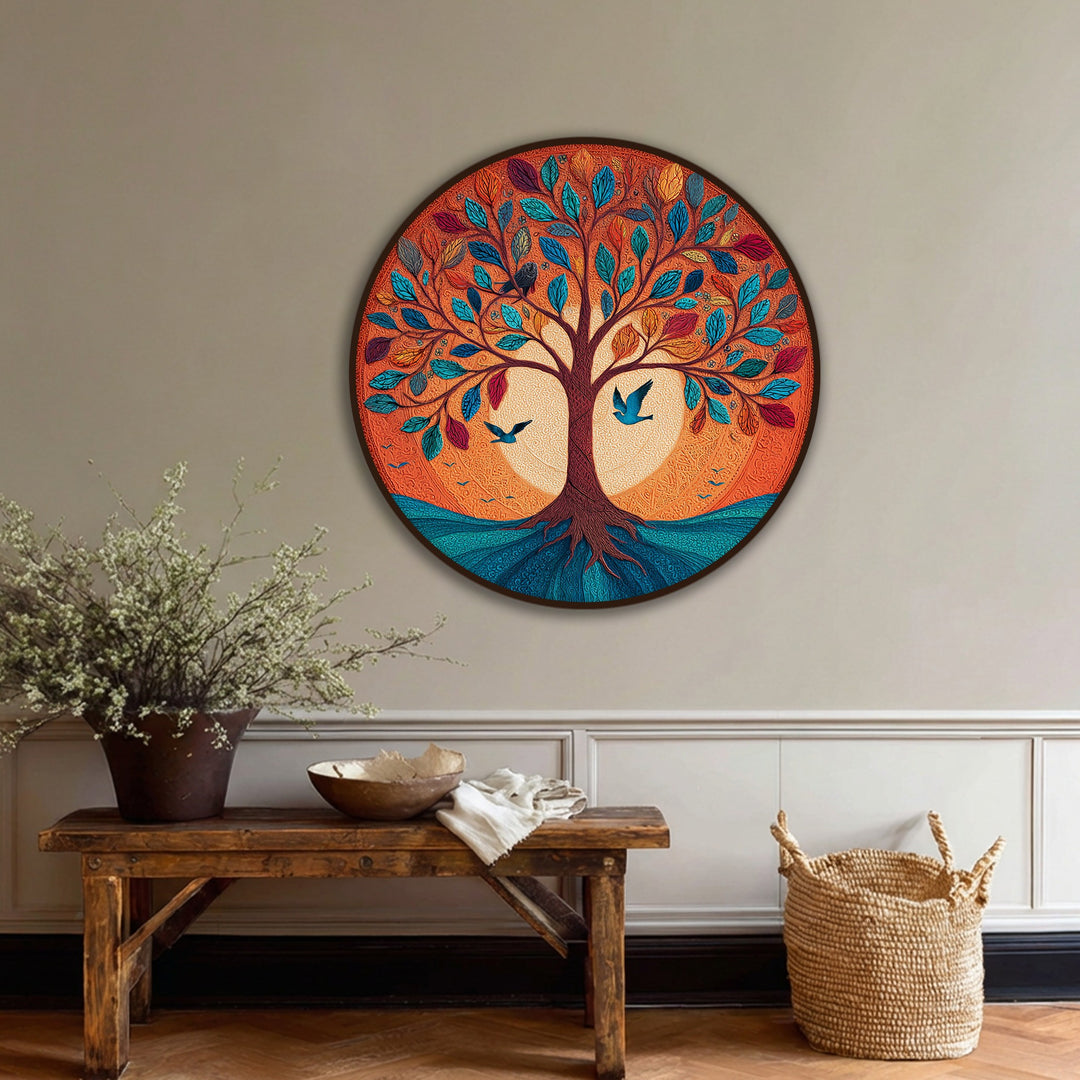 The layering effect of this vibrant tree of life round canvas print creates a sense of depth within this big canvas prints nature art piece.