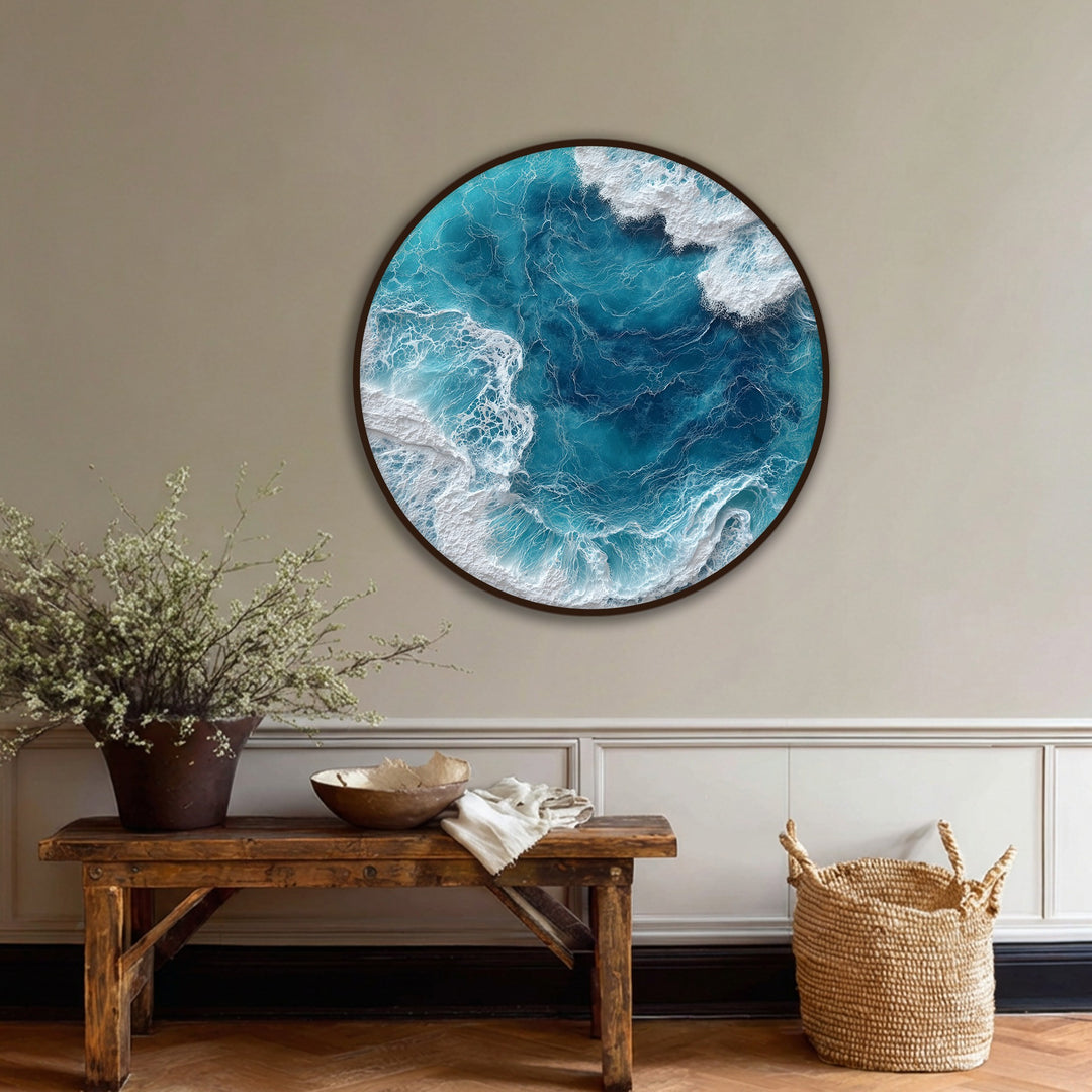 The layering effect in this ocean wave aerial round canvas print is emphasized, creating depth and dimension within the big canvas prints of the turquoise sea.