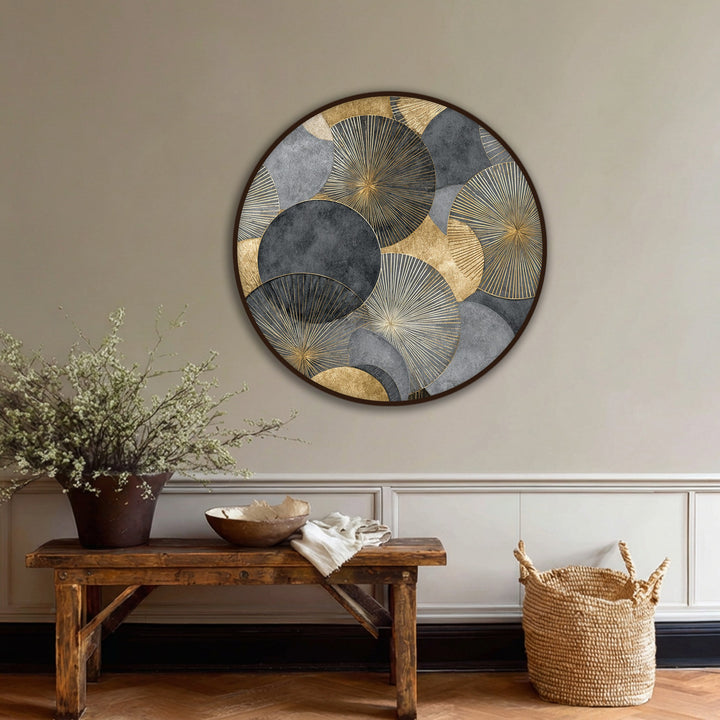The golden geometric circles round canvas print has a sophisticated finish, making it a stunning piece among the big canvas prints of modern luxury wall art.