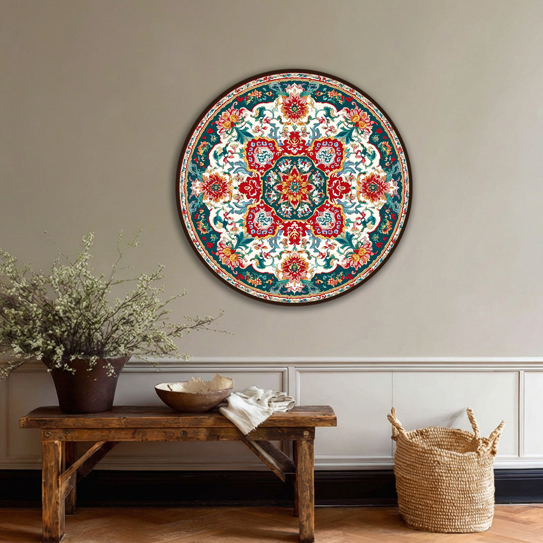 Subtle light and shadow accentuate the details of the ornate floral medallion design on this round hanging canvas, casting soft gradients across the vintage pattern.