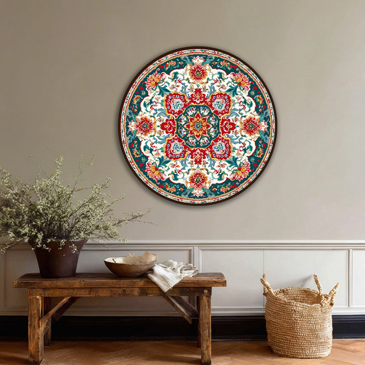 Subtle light and shadow accentuate the details of the ornate floral medallion design on this round hanging canvas, casting soft gradients across the vintage pattern.