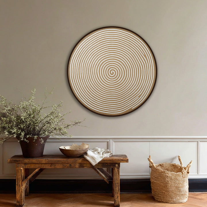 Brightest bands showcase a golden spiral minimalist round canvas print, demonstrating modern abstract wall art with an elegant spiral design as a captivating piece of canvas wall art.