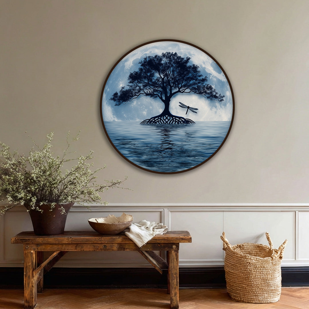 Illuminated by a radiant moon, this serene night landscape canvas pictures art showcases a moonlit tree reflection and dragonfly in a calming, round canvas print.