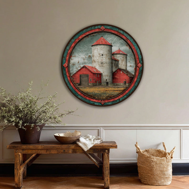 Dominating the room, the round vintage farm canvas artwork features red barns and silos, rendering a rustic landscape as a captivating piece of canvas artwork.