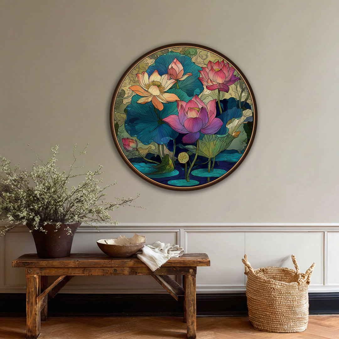 The realistic detail of the ornamental lotus garden in this round canvas print highlights its intricately designed floral elements, making it a standout among big canvas prints.