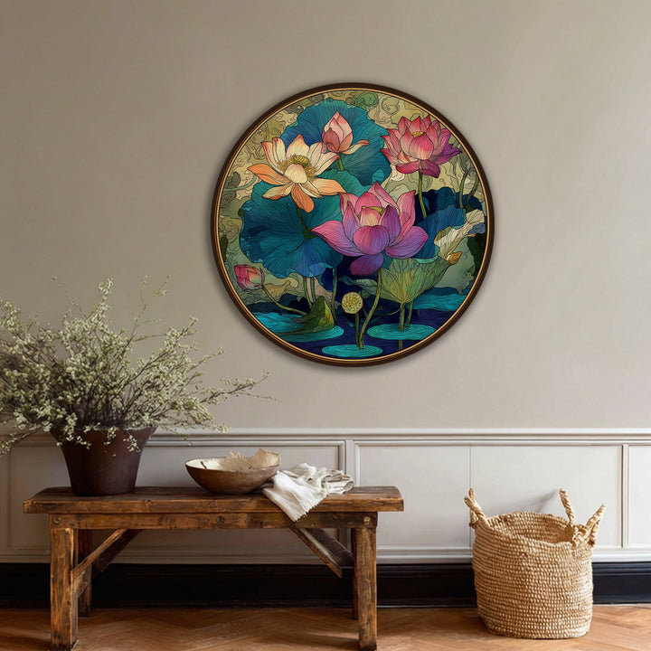 The realistic detail of the ornamental lotus garden in this round canvas print highlights its intricately designed floral elements, making it a standout among big canvas prints.