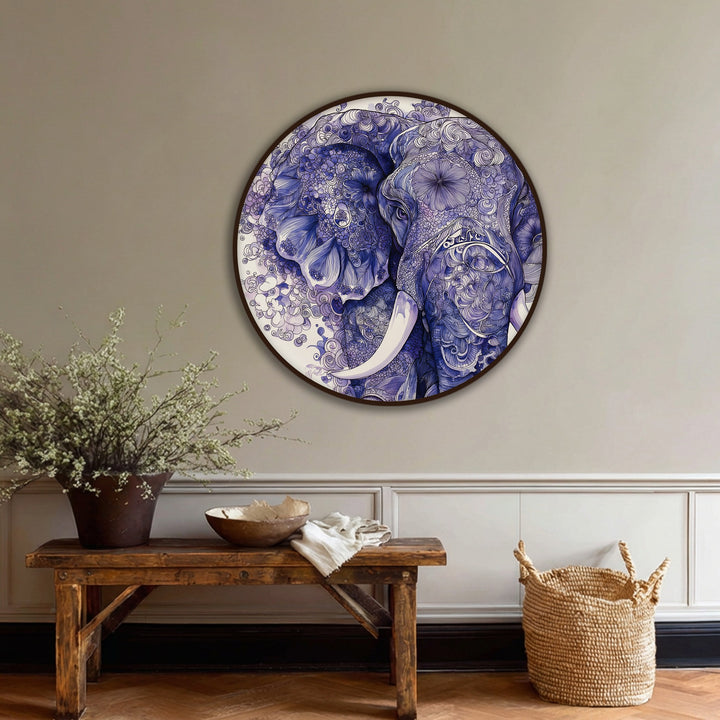 The mood is serene with this intricate blue elephant illustration creating a captivating and calming ambiance as a unique canvas print for artistic wildlife wall decor.