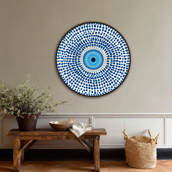 Calm framed canvas art evokes tranquility with a mandala design and a protective blue evil eye symbol, perfect for creating a serene atmosphere.
