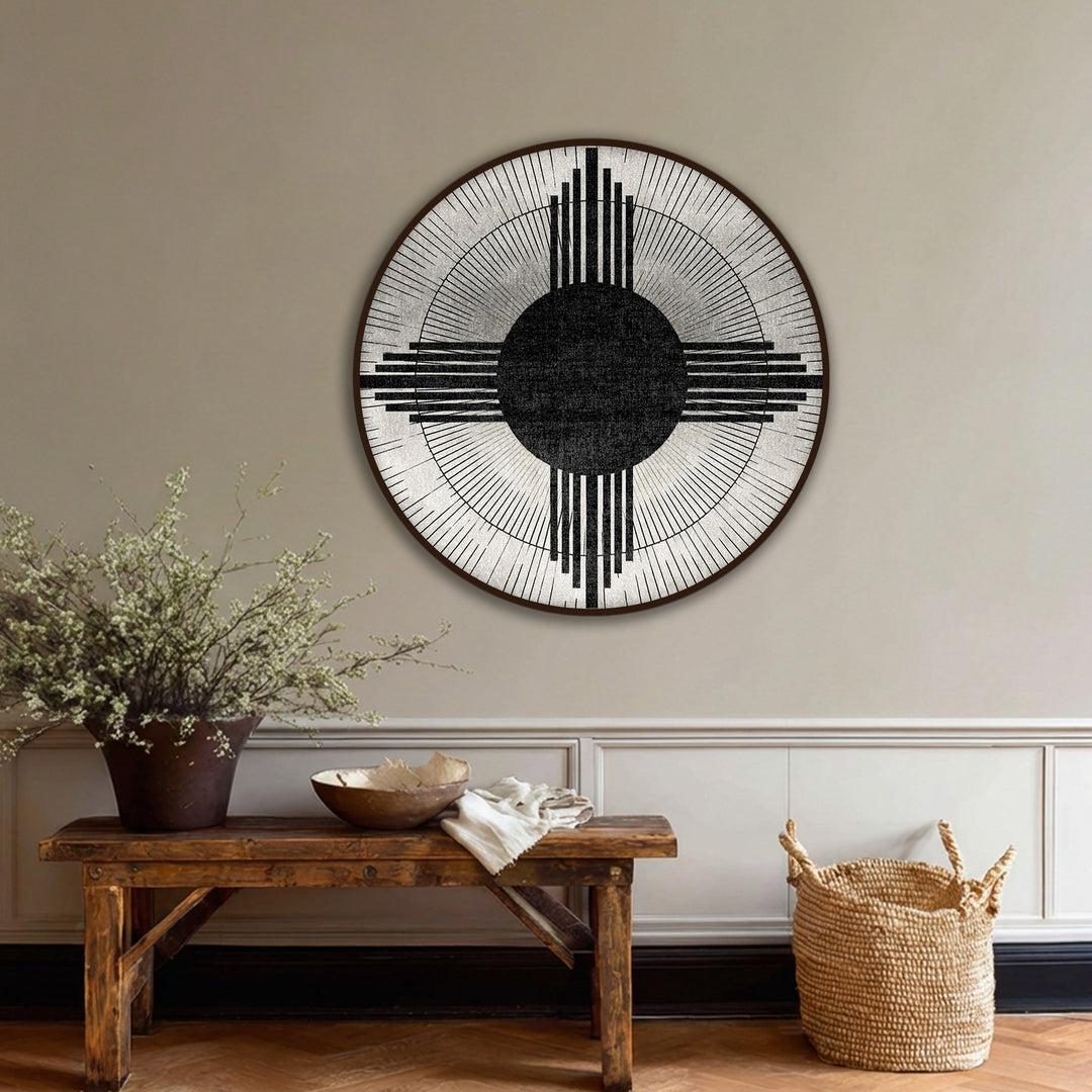 The premium canvas decor's design showcases radiating lines creating impactful negative space in this modern geometric sunburst circle abstract canvas print.