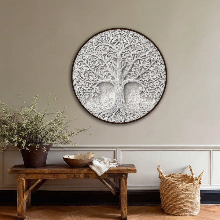 A serene mood emanates from this elegant Tree of Life relief round premium canvas decor, a botanical wall art piece evoking tranquility.