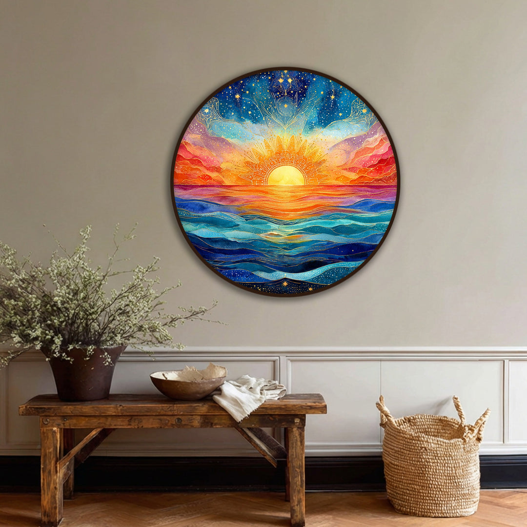 The brightest area showcases a radiant sun, illuminating the vibrant spiritual seascape on this framed canvas print, a stunning sunrise over the ocean.