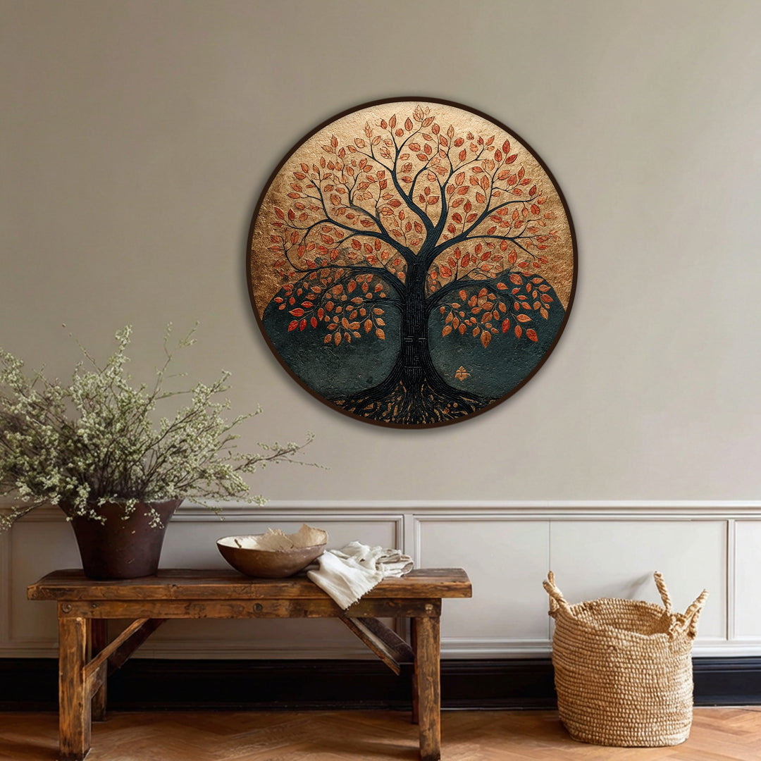 The darkest area of this rustic nature wall art accentuates the Tree of Life, a beautiful canvas painting of autumn leaves in a round canvas print.