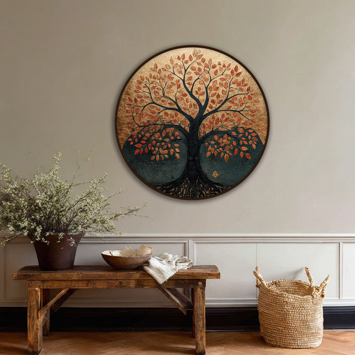 The darkest area of this rustic nature wall art accentuates the Tree of Life, a beautiful canvas painting of autumn leaves in a round canvas print.