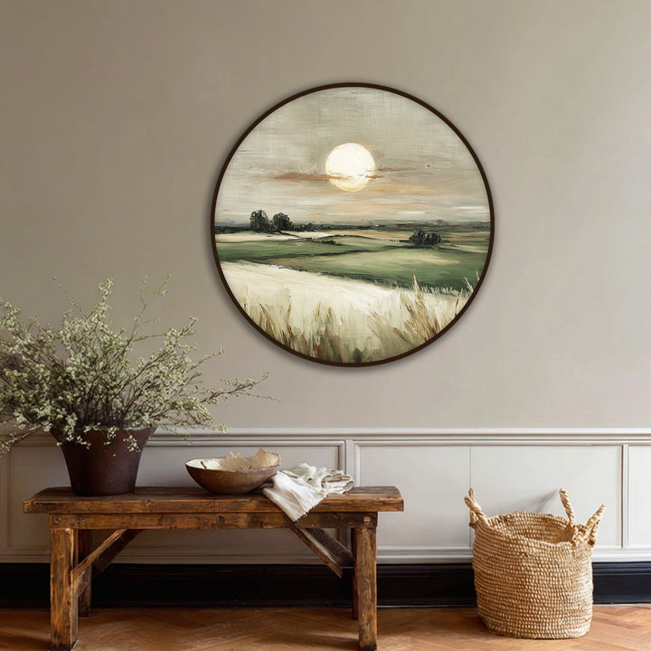 Neutral hues define the round golden horizon countryside landscape best canvas prints, highlighting the serene field wall art in this calming scene.