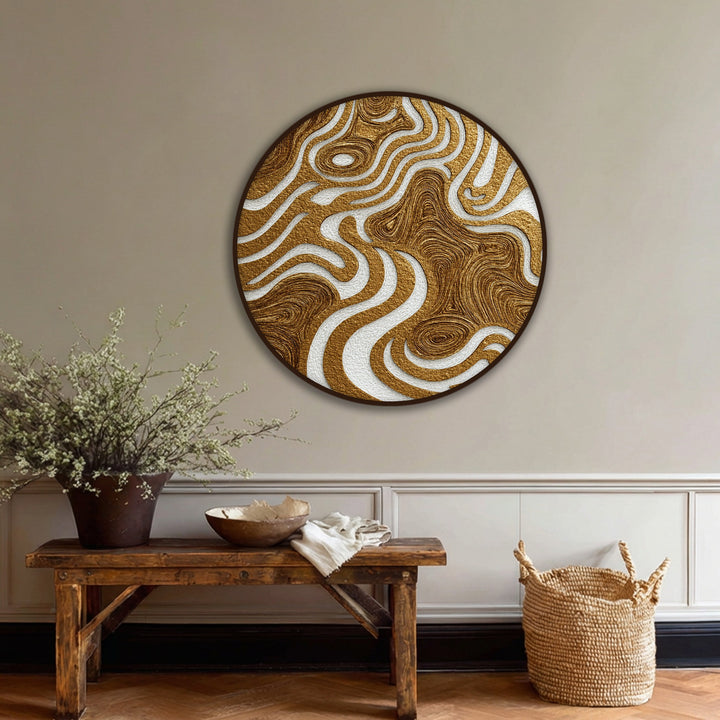 A close view showcases the frame's edge and borders highlighting the best canvas prints in this golden organic flow round canvas print.