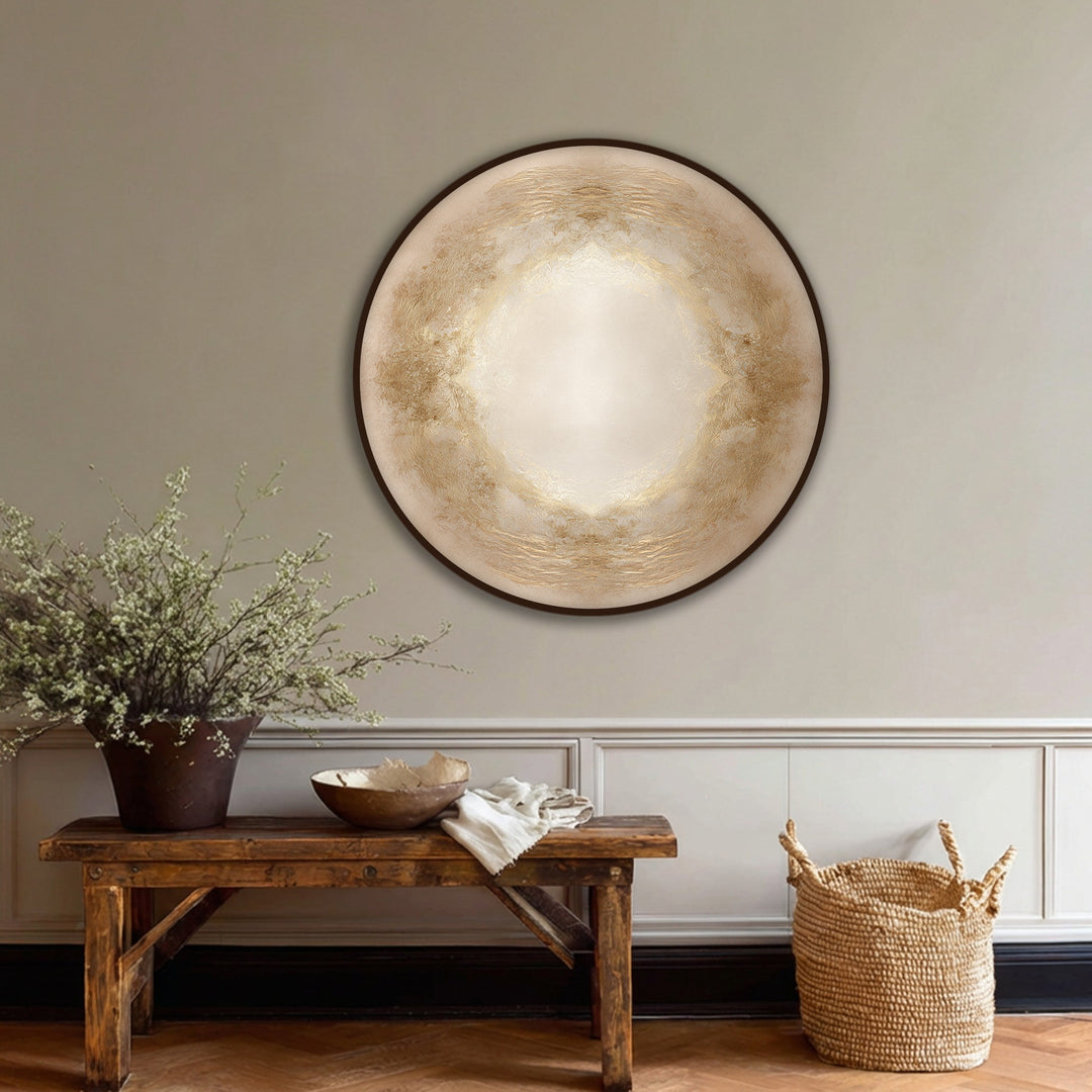Featuring a soft finish, this round canvas print showcases the best canvas prints with a golden aura creating elegant neutral wall art.